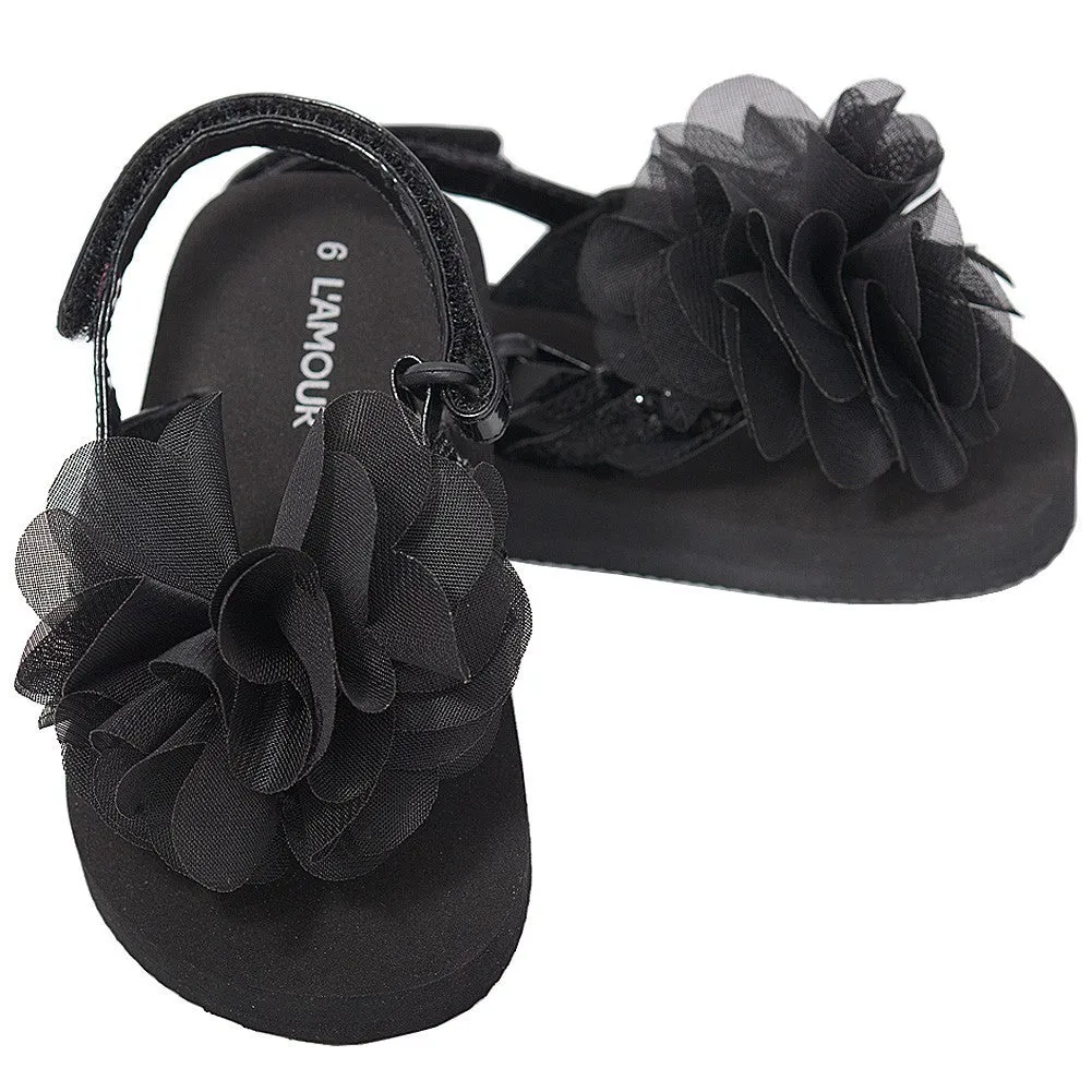 Black Sequin Strap Flower Flip Flop Sandals Toddler Girls 5-10