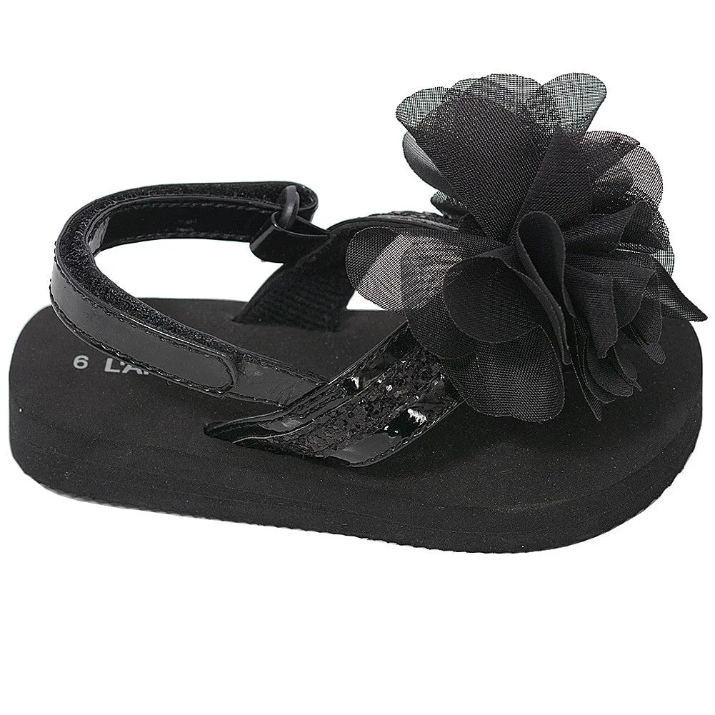 Black Sequin Strap Flower Flip Flop Sandals Toddler Girls 5-10