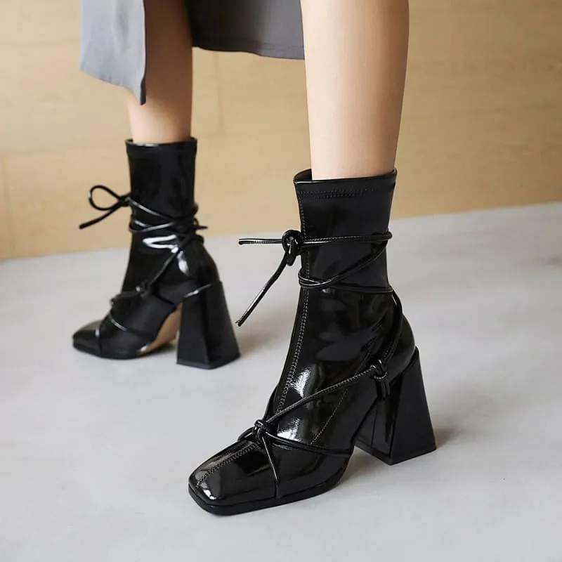 Chunky Heel White Square Head Womens Ankle Boots with Laces
