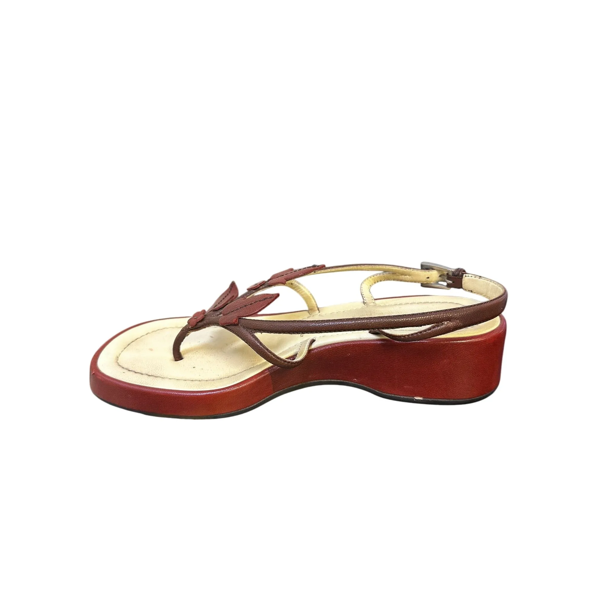Prada Red & Beige Leather Floral Platform Sandals w/Adjustable Strap Size 5.5