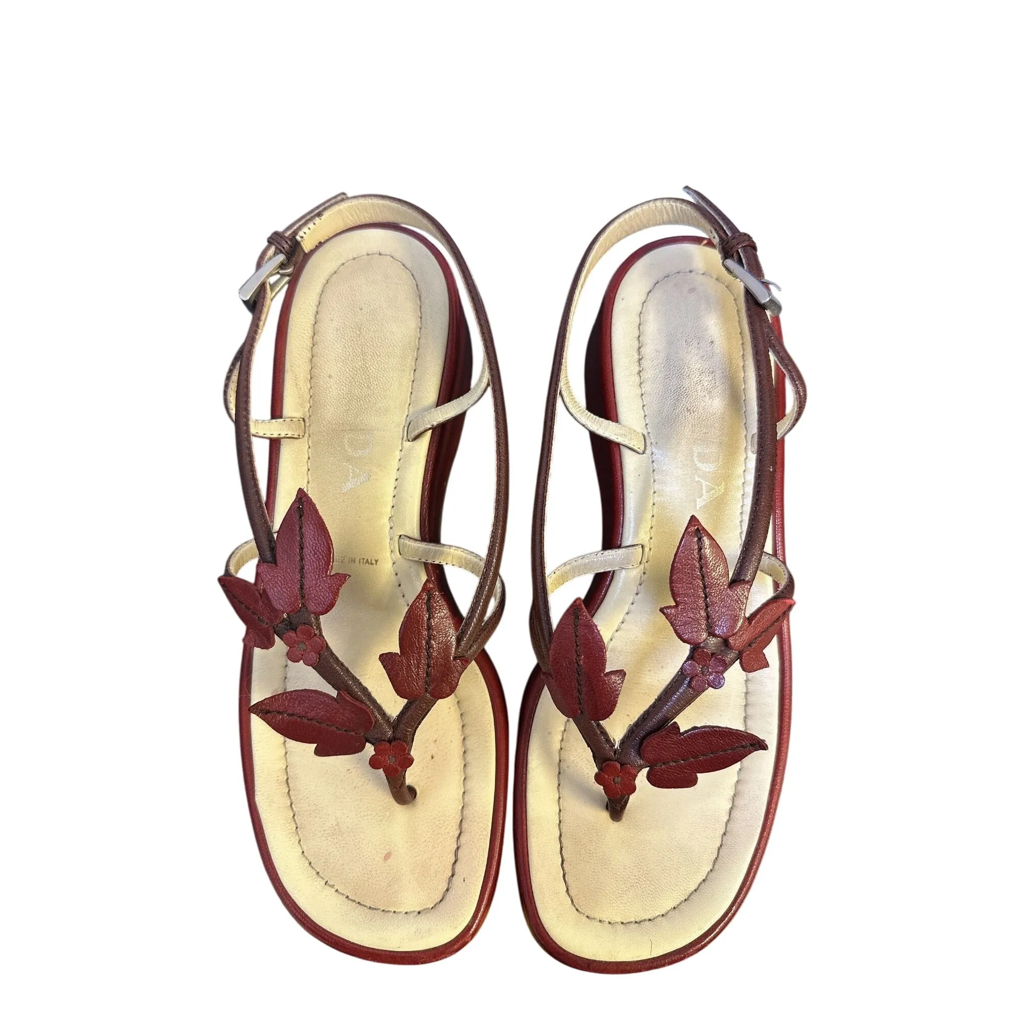 Prada Red & Beige Leather Floral Platform Sandals w/Adjustable Strap Size 5.5