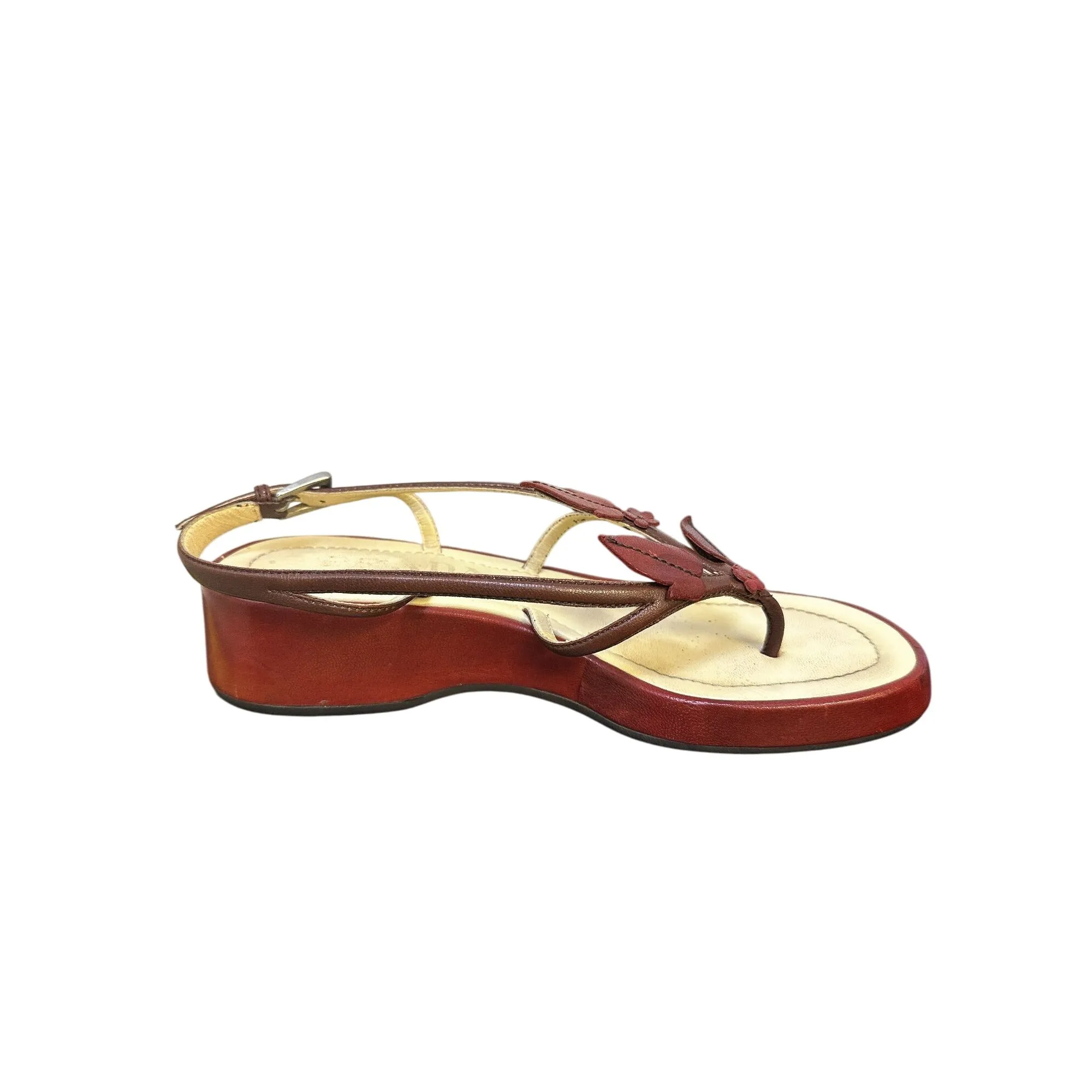 Prada Red & Beige Leather Floral Platform Sandals w/Adjustable Strap Size 5.5