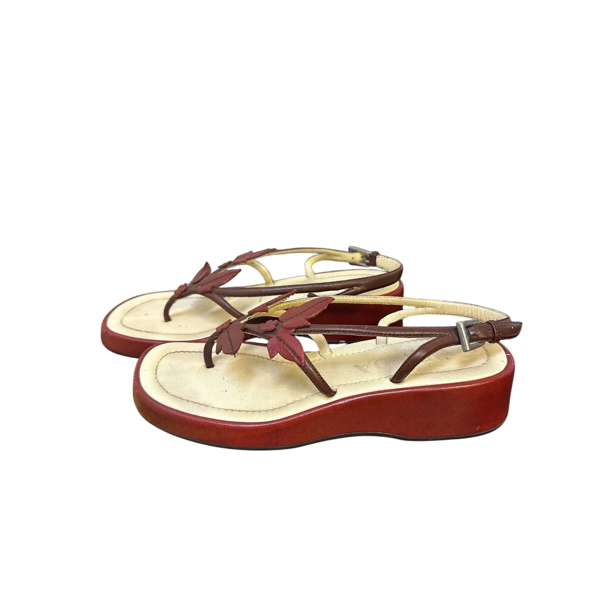 Prada Red & Beige Leather Floral Platform Sandals w/Adjustable Strap Size 5.5