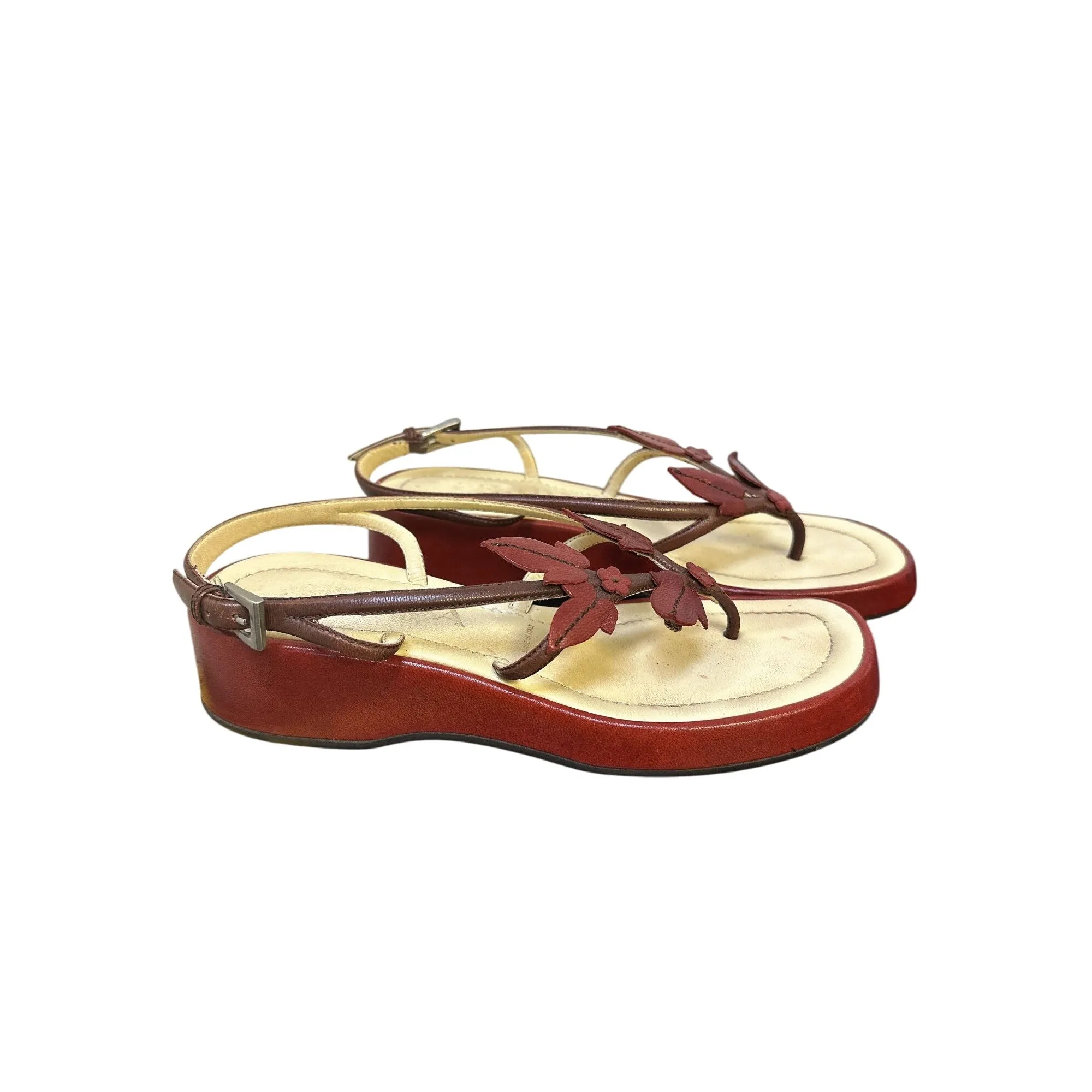 Prada Red & Beige Leather Floral Platform Sandals w/Adjustable Strap Size 5.5