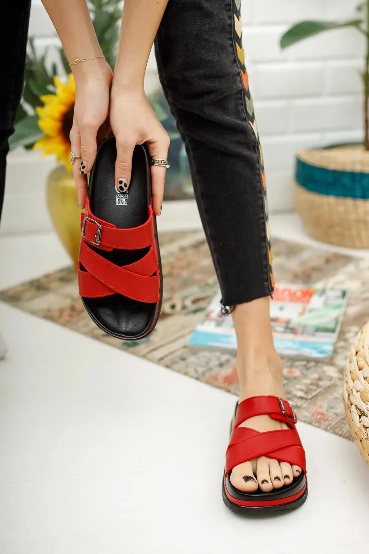 Red Women's Wedge Heel Orthopedic Slippers