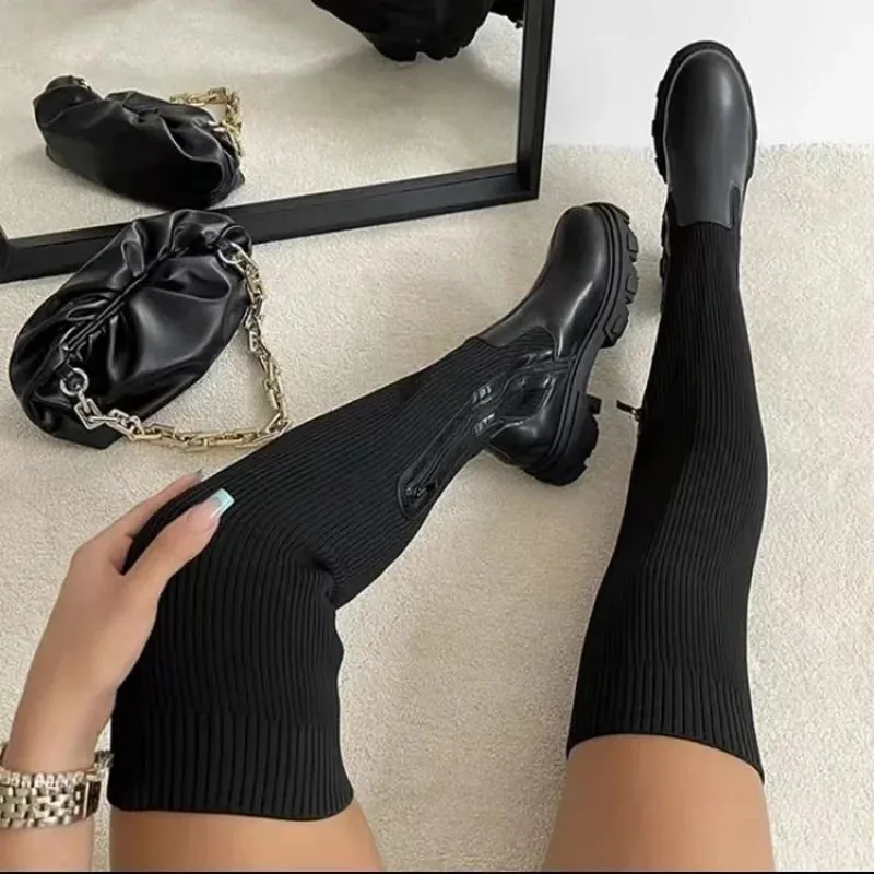 Thick Sole Boot Breathable Knitted Sock Ladies Thigh