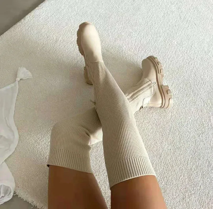 Thick Sole Boot Breathable Knitted Sock Ladies Thigh