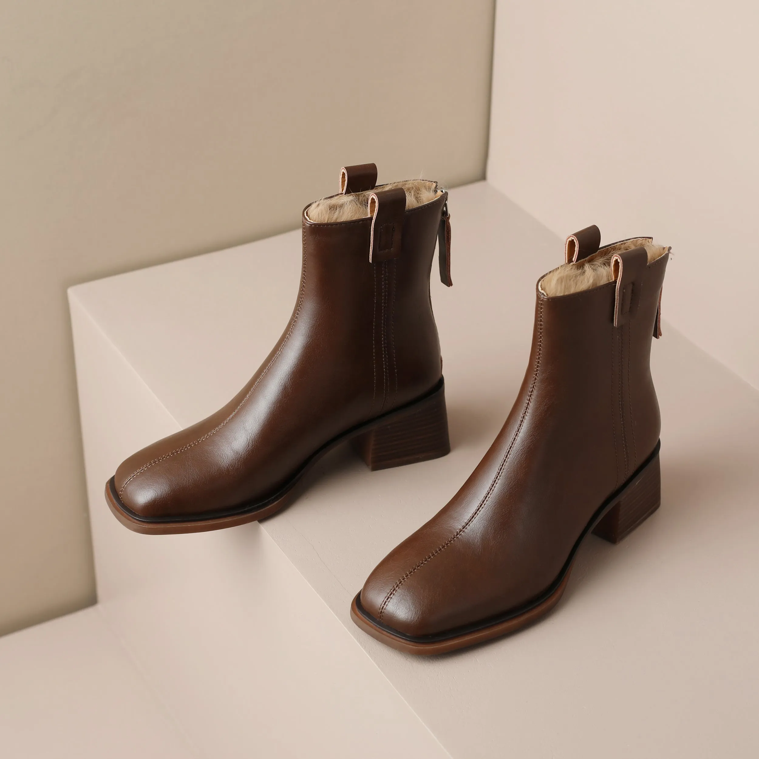 TinaCus Handmade Women's Genuine Leather Square Back Zip Mid Block Heel Charming Ankle Boots
