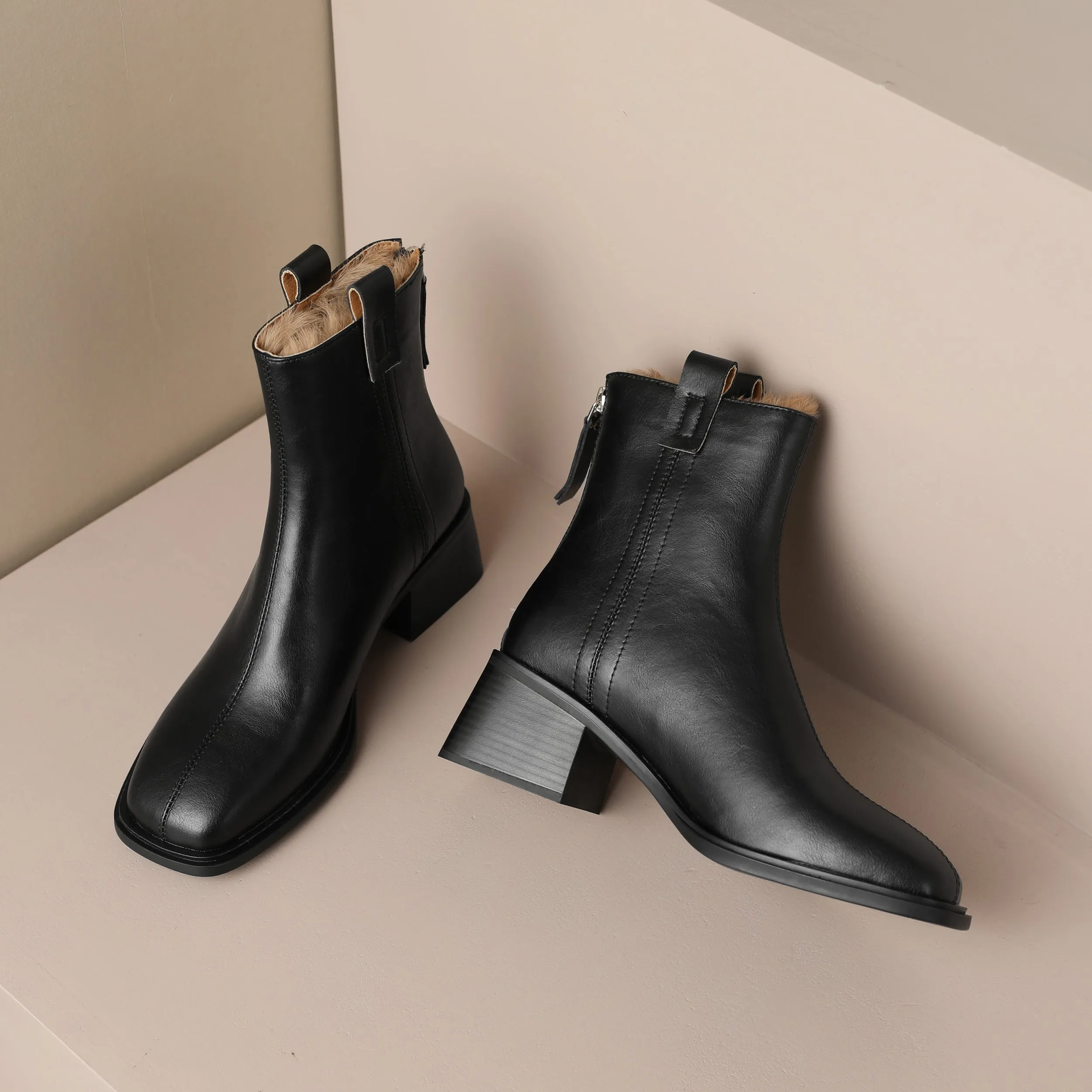 TinaCus Handmade Women's Genuine Leather Square Back Zip Mid Block Heel Charming Ankle Boots