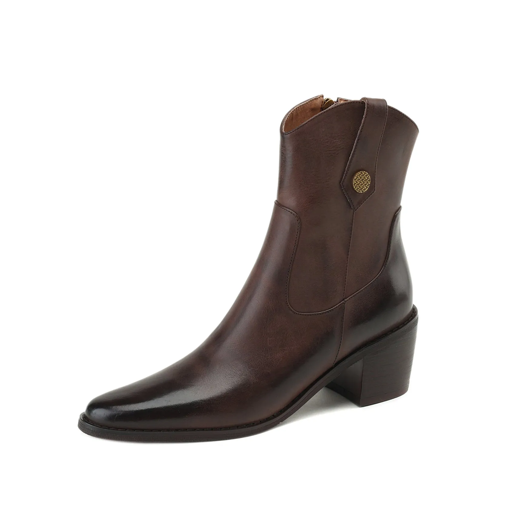 TinaCus Women's Genuine Leather Handmade Mid Heel Side Zip Up Pointed Toe Western Boots