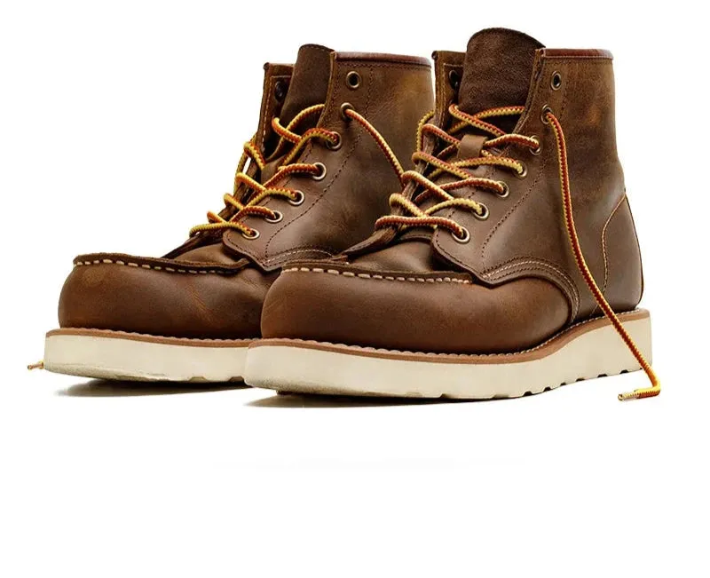 Vintage 875 High-Top Ankle Boots for Men - Durable Leather Cowboy Style, Winter Round Toe Safety Work Shoes
