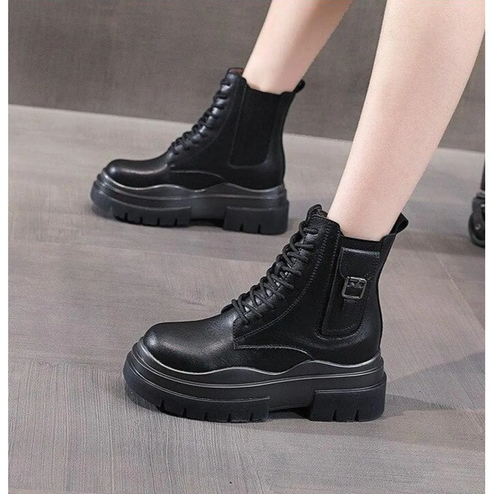 Women Genuine Leather Boots Platform Ankle Lace Up Motorcycle Breathable Boots Shoes