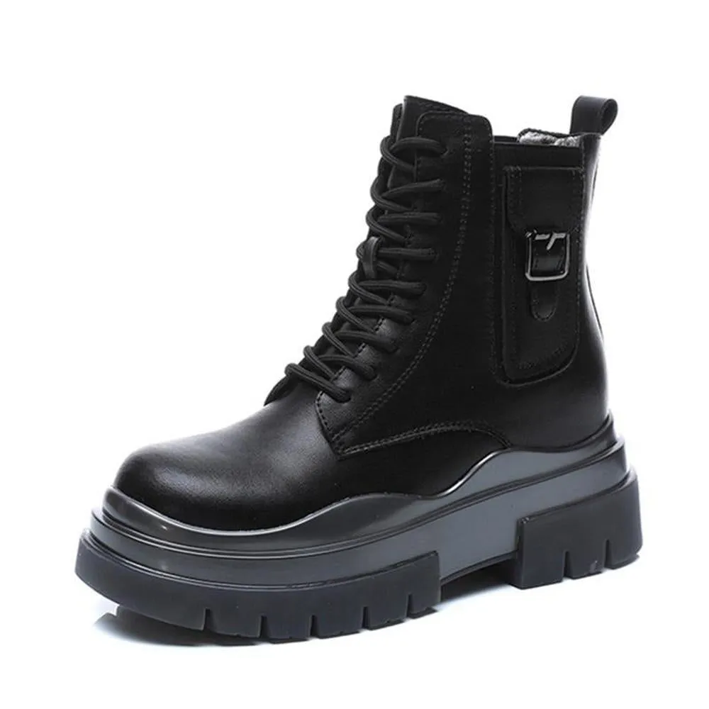 Women Genuine Leather Boots Platform Ankle Lace Up Motorcycle Breathable Boots Shoes