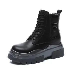 Women Genuine Leather Boots Platform Ankle Lace Up Motorcycle Breathable Boots Shoes