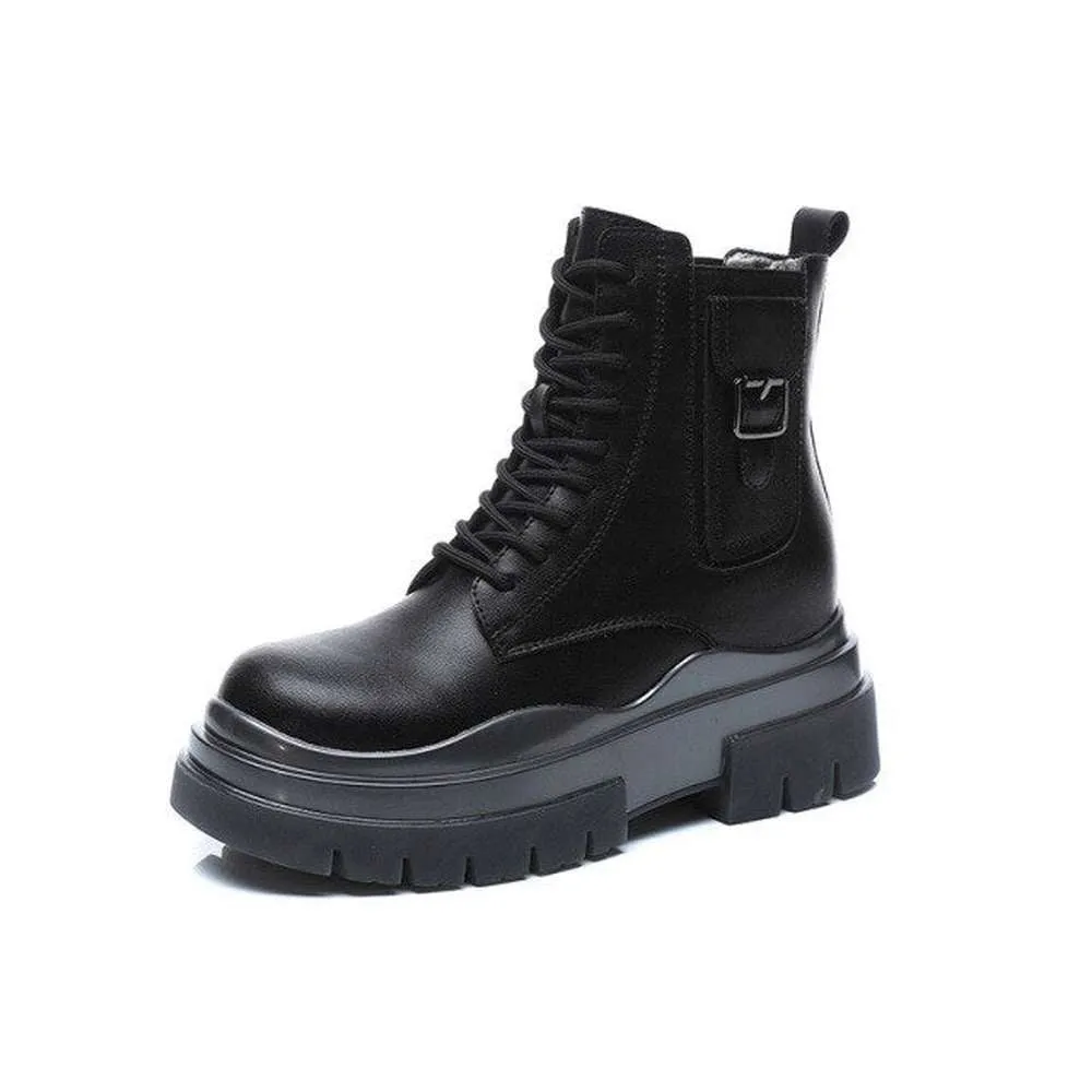 Women Genuine Leather Boots Platform Ankle Lace Up Motorcycle Breathable Boots Shoes