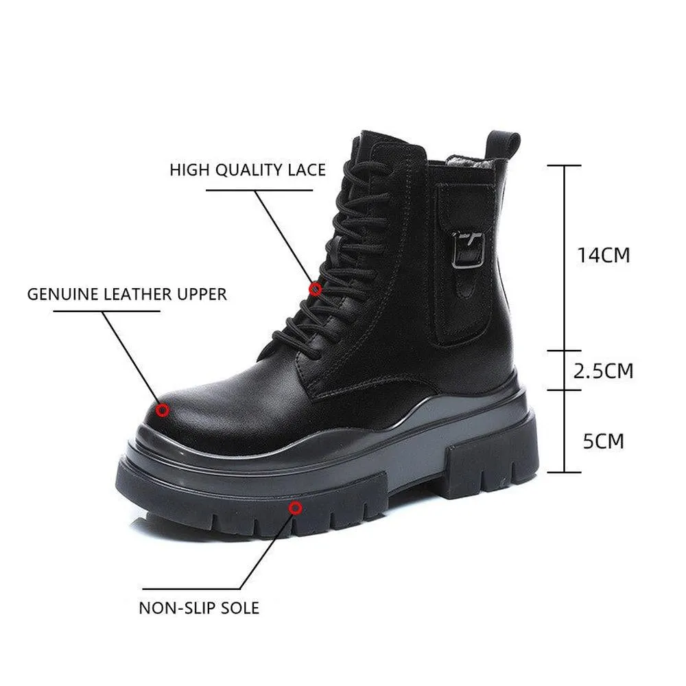Women Genuine Leather Boots Platform Ankle Lace Up Motorcycle Breathable Boots Shoes