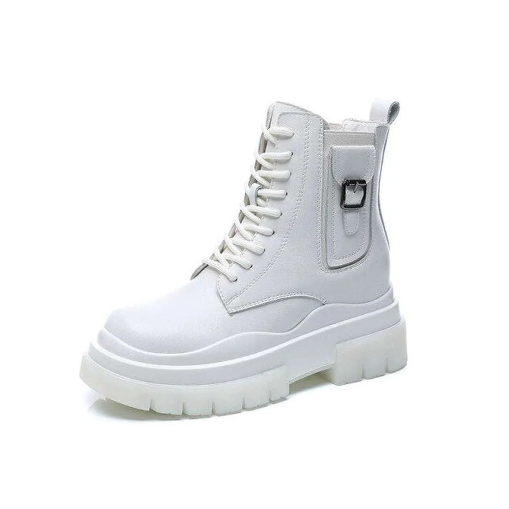 Women Genuine Leather Boots Platform Ankle Lace Up Motorcycle Breathable Boots Shoes