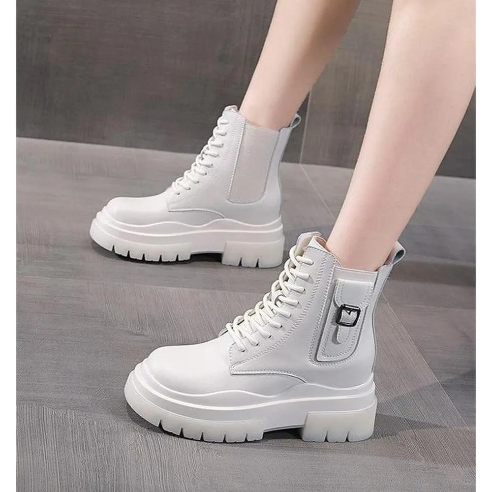Women Genuine Leather Boots Platform Ankle Lace Up Motorcycle Breathable Boots Shoes