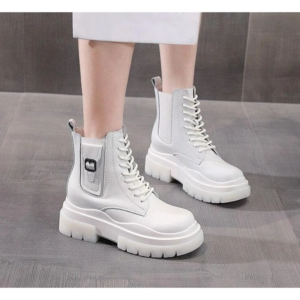 Women Genuine Leather Boots Platform Ankle Lace Up Motorcycle Breathable Boots Shoes